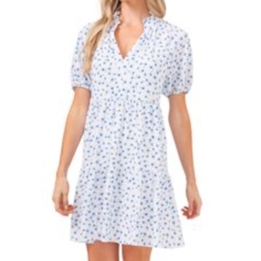 CeCe Short Sleeve Mock Neck Floral Print Midi Dress - Blue White - size Small - Picture 9 of 9